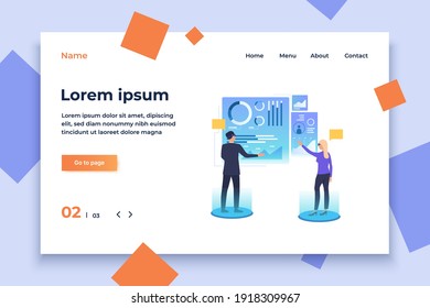 People working and tapping on futuristic virtual screens. Future, VR, cyberspace concept. Vector illustration can be used for topics like business, technology, virtual reality