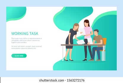 People working task, man and woman holding papers or documents, male sitting at desktop, portrait view of workers, making report in office vector. Website or webpage template, landing page flat style