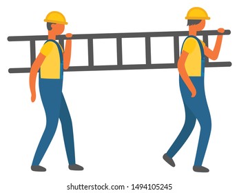 People working in team carrying ladder on shoulder, isolated characters wearing special uniforms and helmets. Building and construction worker. Vector illustration in flat cartoon style