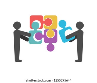 People and working team solutions -human silhouettes assembling puzzle fragments - vector icon or logo template 