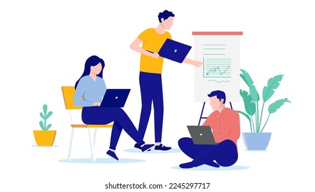 People working - Team of three characters doing office work on laptop computers sitting and standing. Flat design vector illustration with white background