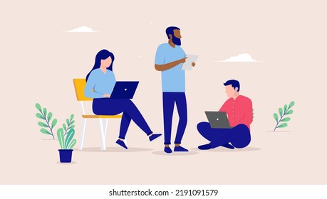 People working - Team of three diverse people in casual clothing doing computer work and concentrating. Flat design vector illustration