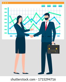 People working in team vector, business analysis of charts. Handshake of man and woman partners collaboration. Flowcharts and stats on board flat style