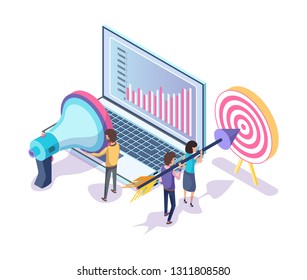 People working in team vector, laptop with information in visual representation. Team with arrow aiming at target, megaphone with man, broadcasting