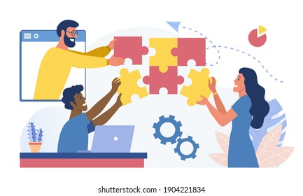 People working together. Abstract concept of joint teamwork, business team building symbol. Workflow, teamwork, cooperation, partnership. Flat cartoon vector illustration isolated on white background