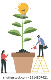 Personas que trabajan juntas para lograr un objetivo. Equipo de negocios regando el árbol en crecimiento con una bombilla. Ilustración vectorial plana.

