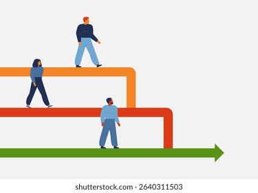 People working together to achieve target. teamwork or unity to success. Employees fuse in one strong direction, combining efforts, knowledge and experience to scoring a goal. Vector illustration