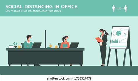people working together in business office wearing mask and maintain social distancing to prevent coronavirus disease, new normal lifestyle concept, flat vector illustration