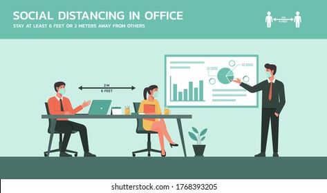 people working together in business office wearing mask and maintain social distancing to prevent coronavirus disease, keep a safe distance, new normal lifestyle concept, flat vector illustration