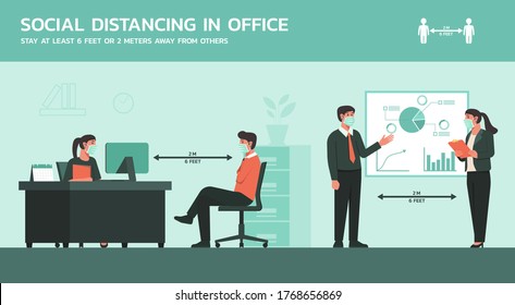 people working together in business office wearing mask and maintain social distancing to prevent coronavirus spreading, keep a safe distance, new normal lifestyle concept, flat vector illustration