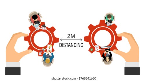 People working together in business office maintain social distancing to prevent coronavirus spreading, keep a safe distance, new normal lifestyle concept, flat vector illustration