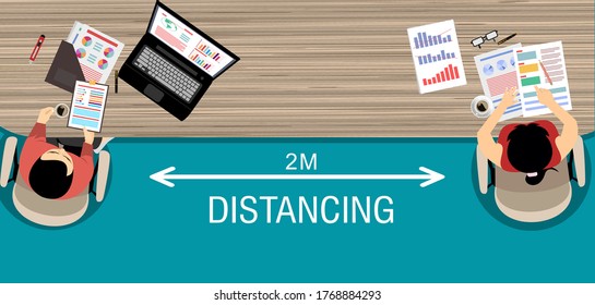 People working together in business office wearing mask and maintain social distancing to prevent coronavirus spreading, keep a safe distance, new normal lifestyle concept, flat vector illustration