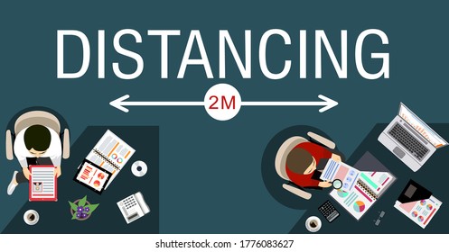 People working together in business office maintain social distancing to prevent coronavirus spreading, keep a safe distance, new normal lifestyle concept, flat vector illustration