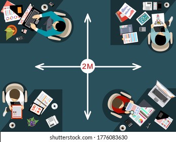 People working together in business office maintain social distancing to prevent coronavirus spreading, keep a safe distance, new normal lifestyle concept, flat vector illustration