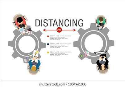 People working together in business office maintain social distancing to prevent coronavirus spreading, keep a safe distance, new normal lifestyle concept, flat vector illustration