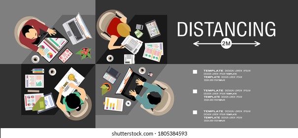 People working together in business office maintain social distancing to prevent coronavirus spreading, keep a safe distance, new normal lifestyle concept, flat vector illustration