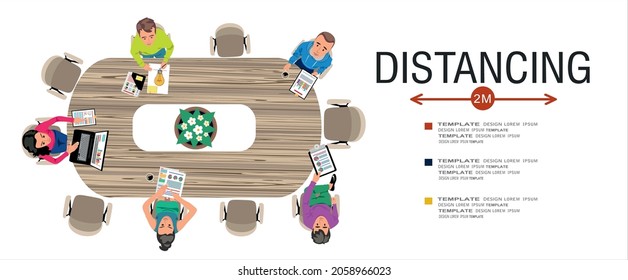 People working together in business office wearing mask and maintain social distancing to prevent coronavirus spreading, keep a safe distance, new normal lifestyle concept, flat vector illustration
