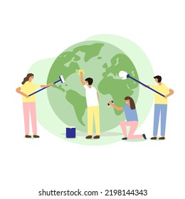 People working together to clean up the planet. Green environment in the background. Web flat style illustration. Vector editable