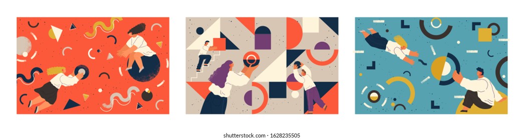 People working together concept, man and woman with geometric shapes. Business concept, circles triangles and wavy lines. Employee at job making new project. Communication of co workers vector