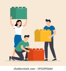 People working together to connecting the elements of the blocks. Teamwork, concept of good cooperation. Vector illustration