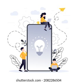 People working together. Coworking, freelance, teamwork, communication, interaction, idea, independent activity concept, violet palette. Vector illustration on white background