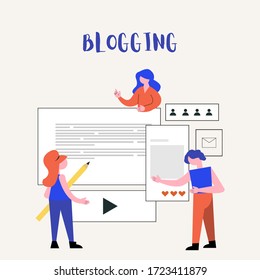 People working together and creating a content for blog, Teamwork, Blogging vector illustration in colorful modern style 