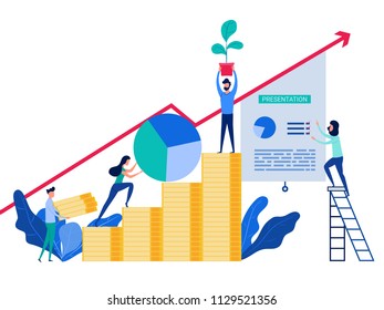 People working together and develop business strategy to success. Concept of investment and increasing financial growth. Cartoon Vector Illustration.