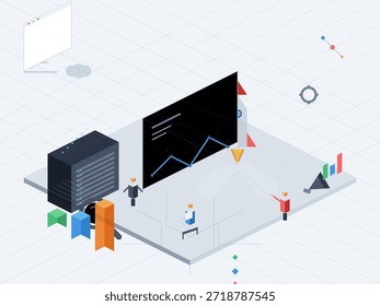 Las Personas están trabajando juntas en un espacio digital analizando datos. Están usando gráficos y gráficas en pantallas Grandes. Varias Formas y colores representan puntos de datos e información.