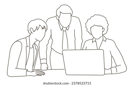 People working together, discussing business. Meeting of colleagues. Coworking, teamwork concept. Hand drawn vector illustration. Black and white.