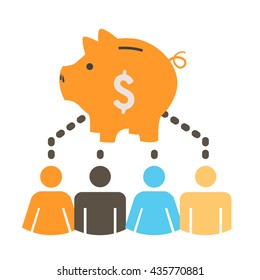 People Working Together to Fund Different Ideas with Money and Piggy Bank