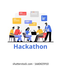 People working together.  Hackathon vector flat illustration. Cartoon characters work as team development application and software isolated on white background. Programmers work with data