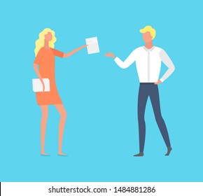 People working together, man and woman with documentation. Employer giving tasks to employee, male advisor and secretary of female boss job. Vector illustration in flat cartoon style