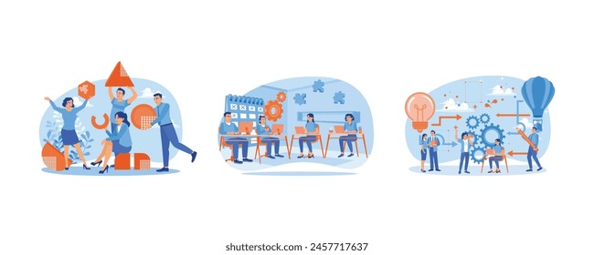 People working together. Manage work in office. Exchange ideas during meetings. Team Work concept. Set flat vector illustration.