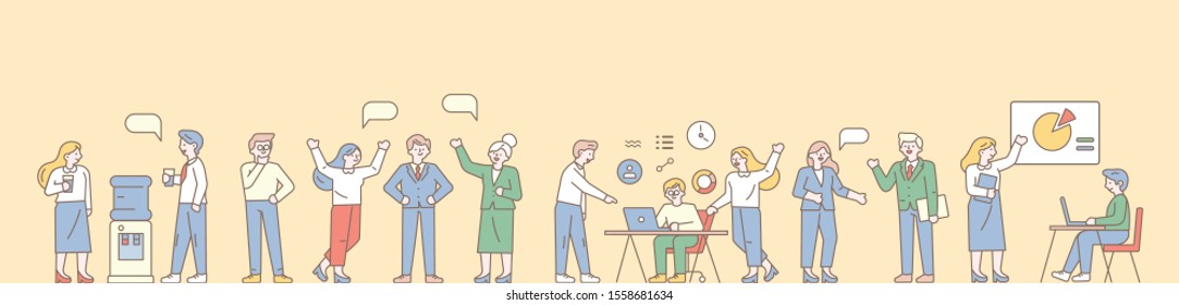 People working together in the office. Business people, teamwork line art vector horizontal banner. Office workplace, meeting. Flat vector illustration.