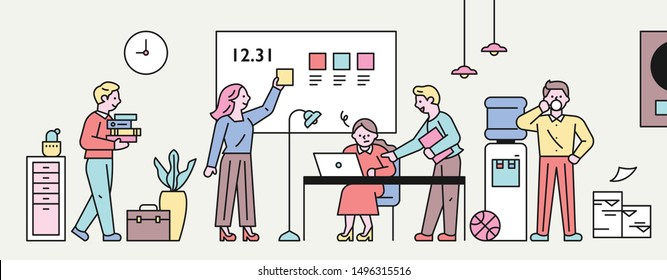 People working together in the office. flat design style minimal vector illustration.