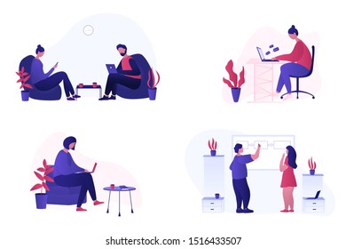 People working together at the office in quiet and friendly atmosphere. Millenials working together. Corporate teamwork, collaboration, creative workflow concept. Flat vector illustration.