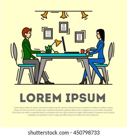 People working together in office  at the table on a  business project. Thin line art flat illustration 