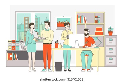 People working together in the office, teamwork, cooperation and creativity concept, thin line characters and objects