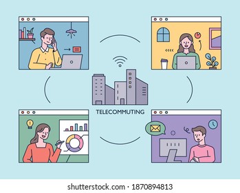 People working together on an internet network. Video meeting concept. flat design style minimal vector illustration.