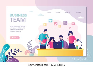 People are working together on new project. Collective joint work. Landing page template on business team theme.Teamwork, development, coworking and office situations. Flat vector illustration