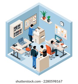 People working together on project in office room isometric colored object on white background isolated vector illustration