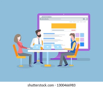 People working together on solving problem vector. Business meeting, conference with laptop showing opened website design. Monitor of computer with data