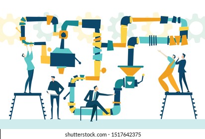 People working together with the pipes and mechanism. Developing, taking a risk, support and solving the problem business concept illustration.