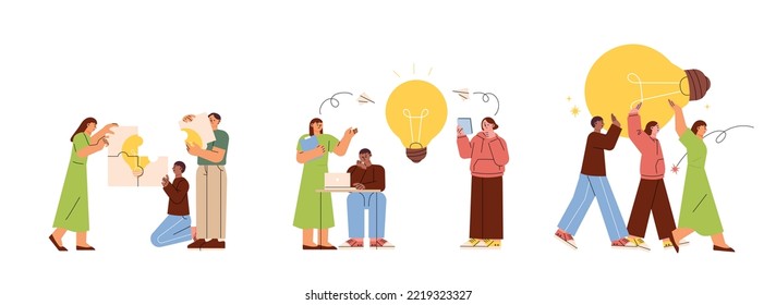 People are working together to put together a puzzle or gather ideas and move a giant light bulb cooperatively. flat vector illustration.