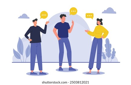 People working together - Small diverse group of businesspeople in casual clothing standing up and having a meeting. Flat design vector illustration with white background