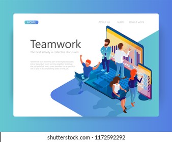 People are working together to solve the problem. Teamwork, page layout. isometric 3d