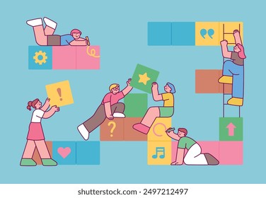 People are working together to stack blocks or draw pictures. outline simple vector illustration.