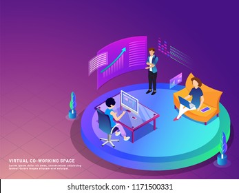 Personas trabajando juntas a través de Internet, diseño isométrico basado en el concepto Virtual Co-Working.