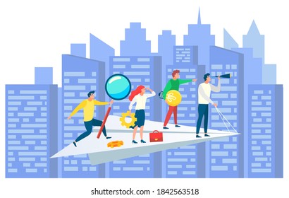 People working together vector, cityscape with team on paper plane. Leader and workers with tools, cogwheel and magnifying glass, briefcase and bulb. People following leader. Team business strategy