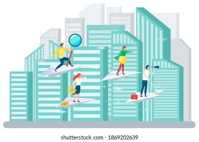 People working together vector, cityscape with team on paper plane. Leader and workers with tools, cogwheel and magnifying glass, briefcase and bulb. People following leader. Team business strategy
